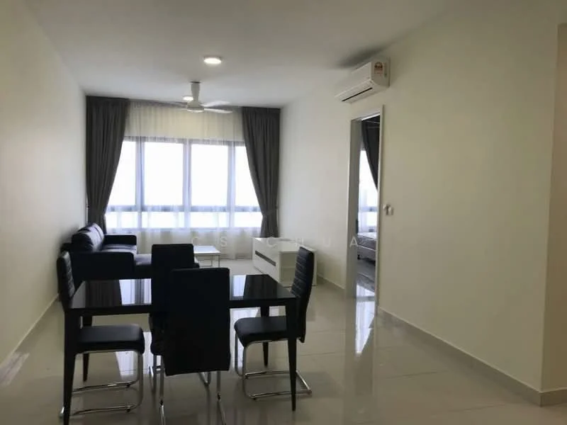 Living features: 3-seater fabric sofa in black, ceiling fan, floor-to-ceiling windows, grey curtains, white painted walls, glossy tile flooring, dining table with black glass top, 4 black dining chairs, wall-mounted air conditioning unit; style: modern; view: city.