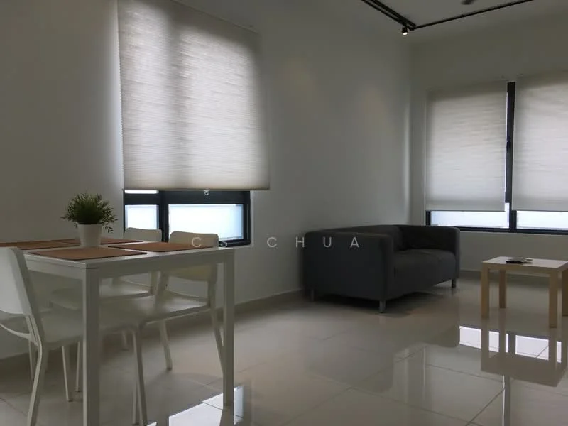 Living features: white painted walls, glossy tile flooring, floor-to-ceiling windows, roller blinds, 3-seater fabric sofa in grey, wooden coffee table, dining table for 2 with white chairs, decorative plant on table; style: modern.