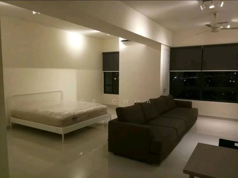 Living features: 3-seater fabric sofa in dark brown, queen-size bed with no mattress, white painted walls, recessed downlights, floor-to-ceiling windows, grey roller blinds, polished ceramic tile flooring, ceiling fan; style: modern; view: city.