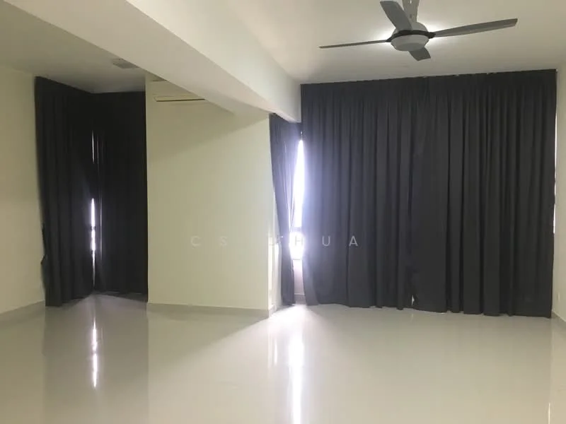 Room features: white painted walls, polished concrete flooring, floor-to-ceiling windows, blackout curtains, 5-blade ceiling fan.