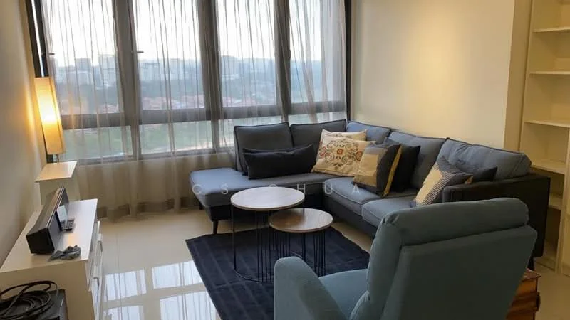Living features: L-shape sectional sofa in grey, decorative throw pillows, coffee table, area rug, floor-to-ceiling windows, curtains, wall-mounted TV, white TV console, blue accent chair, light-colored walls, glossy tile flooring, city view; style: modern; view: city.