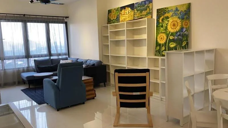 Living features: 3-seater fabric sofa in grey, accent chair in blue, wooden coffee table, white shelving unit, white display cabinet, area rug, large windows with sheer curtains, wall-mounted artwork with floral theme, dining table with white chairs, ceiling fan; style: modern; view: city.