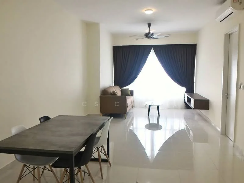 Living features: 3-seater fabric sofa in beige, coffee table, TV console, wall-mounted TV, floor-to-ceiling window, blackout curtains, white painted walls, polished tile flooring, ceiling fan with light, recessed downlights; style: modern. Dining features: 4-seater dining table, white dining chairs, grey dining table, polished tile flooring; style: modern.