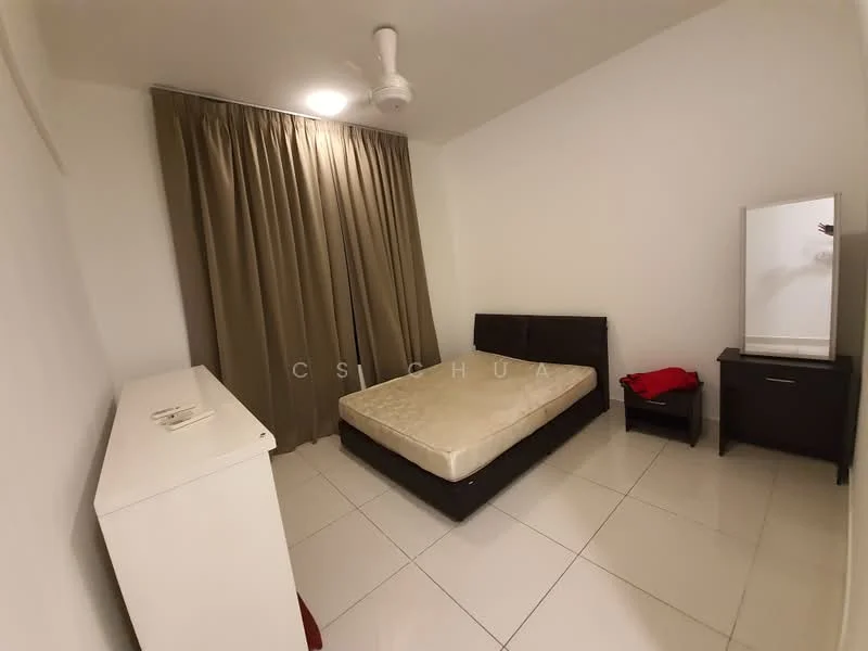 Bedroom features: queen-size bed, upholstered headboard, white painted walls, cream curtains, white tile flooring, ceiling fan, mirror on dresser, dark wood nightstand, white dresser; style: modern.
