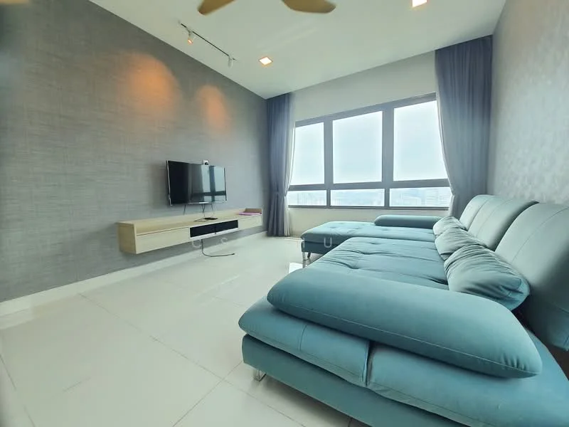 Living features: light grey accent wall, floor-to-ceiling windows, grey fabric sectional sofa, TV mounted on wall, light wood TV console, recessed downlights, white tiled flooring, curtains, ceiling fan; style: modern; view: city.