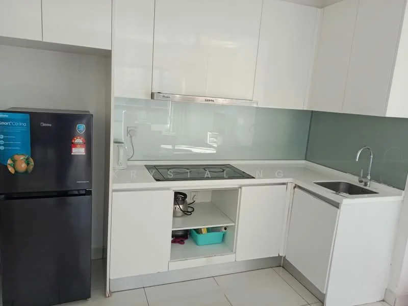 Kitchen features: white flat-panel cabinets, stainless-steel built-in oven, 4-burner gas hob, single-bowl stainless-steel sink, chrome pull-down faucet, glass backsplash, white countertop, refrigerator, tile flooring, under-cabinet lighting; style: modern.