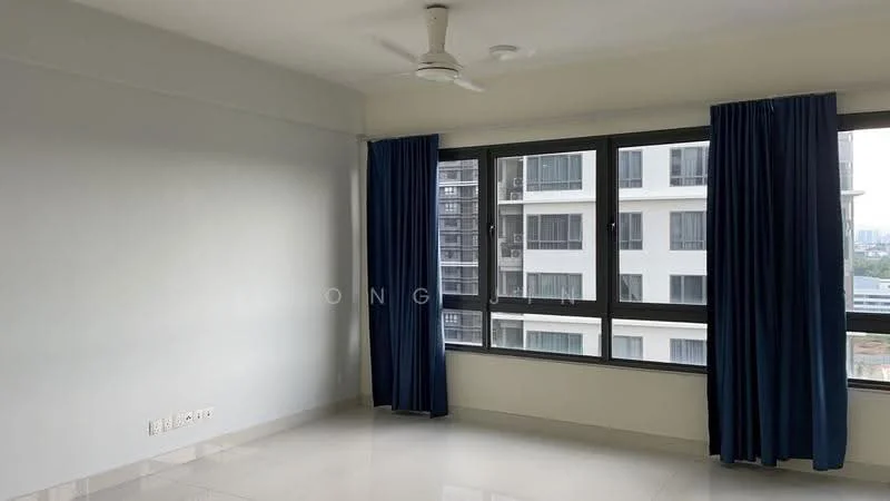 Room features: white painted walls, glossy tile flooring, floor-to-ceiling windows, blue curtains, ceiling fan; view: city.