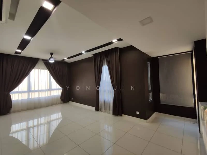 Living features: white walls, dark accent wall, floor-to-ceiling windows, sheer curtains, blackout curtains, 5-blade ceiling fan with light, recessed LED downlights, polished ceramic tile flooring, decorative wall paneling, corner window, crown moulding; style: modern; view: city.