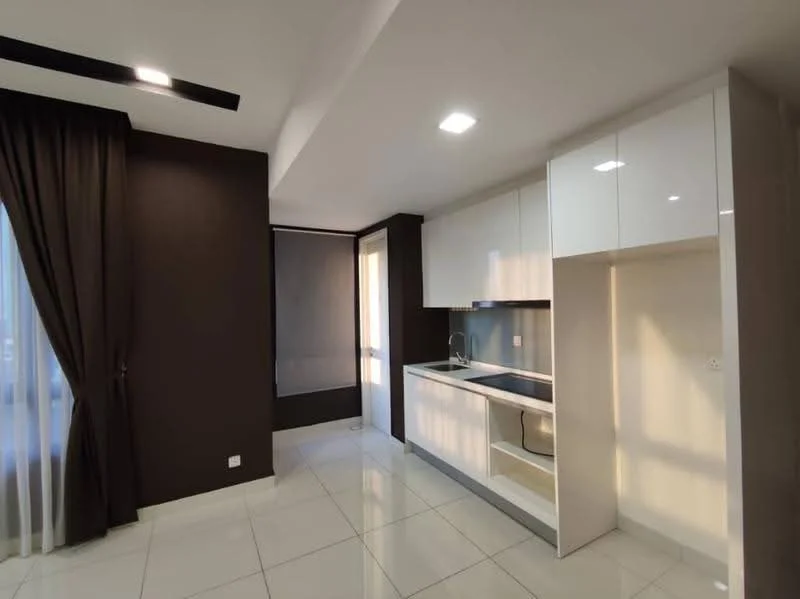 Kitchen features: white glossy cabinetry, black countertop, single-bowl stainless-steel sink, chrome pull-down faucet, built-in oven, ceramic tile flooring, recessed downlights, floor-to-ceiling windows, sheer curtains, dark accent wall, light-colored wall, open shelving; style: modern.
