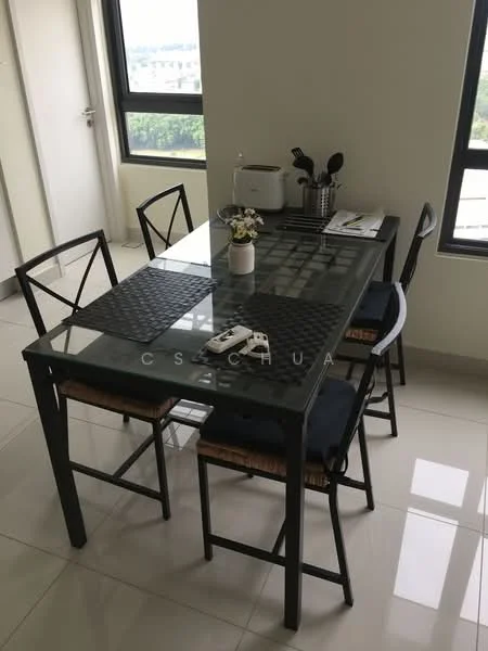 Dining features: glass dining table, 4 black metal chairs with woven seats, white ceramic vase with flowers, cutlery set on table, toaster, kitchen utensils in holder, window with view, light-colored walls, glossy tile flooring; style: modern; view: city.