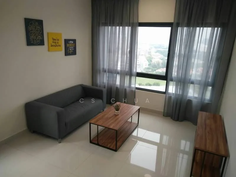 Living features: grey fabric 3-seater sofa, wooden coffee table, wooden TV console, white painted walls, glossy tile flooring, floor-to-ceiling windows, sheer curtains, decorative wall art, indoor plant; style: modern; view: city.