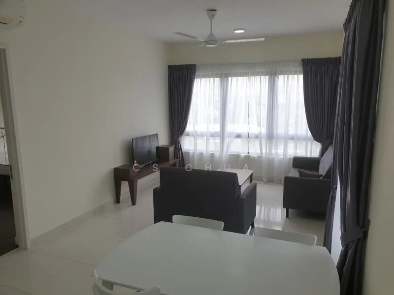 Living features: grey fabric sofa, 2-seater sofa, coffee table, wall-mounted TV, TV console, floor-to-ceiling windows, sheer curtains, blackout curtains, ceiling fan, recessed downlights, white painted walls, glossy tile flooring; style: modern.