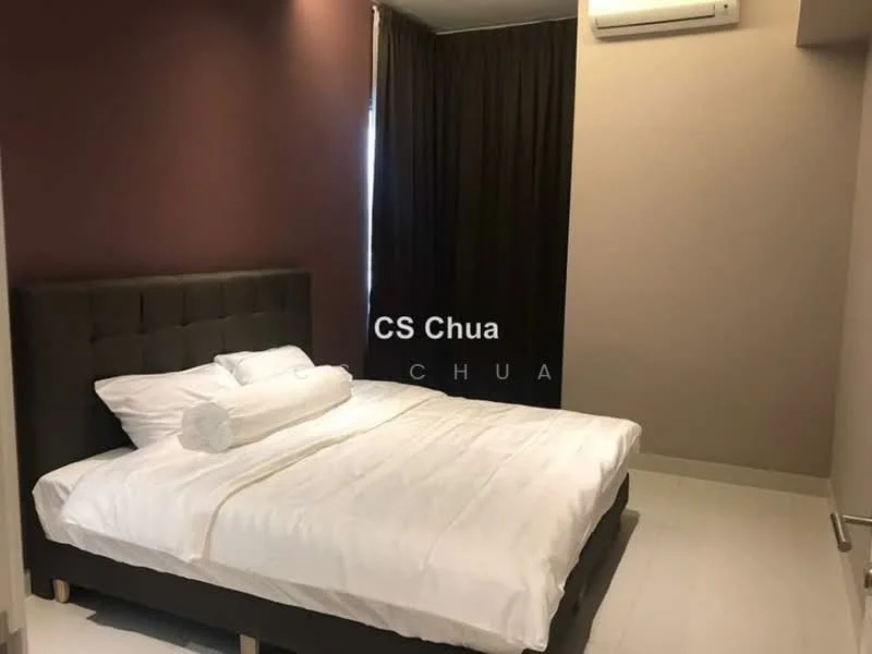 Bedroom features: king-size bed with upholstered headboard, white bedding, blackout curtains, wall-mounted split AC, light-colored walls, white tiled flooring, decorative throw pillow, bedside table, floor-to-ceiling window; style: modern.