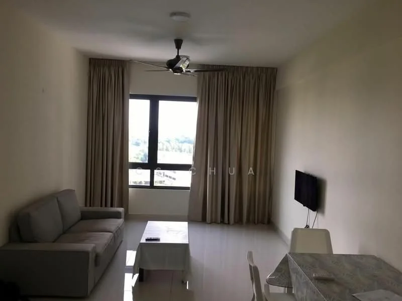 Living features: 3-seater fabric sofa in light grey, coffee table, wall-mounted TV, floor-to-ceiling window, sheer curtains, white painted walls, white tiled flooring, ceiling fan with light, decorative wall clock; style: modern; view: city.