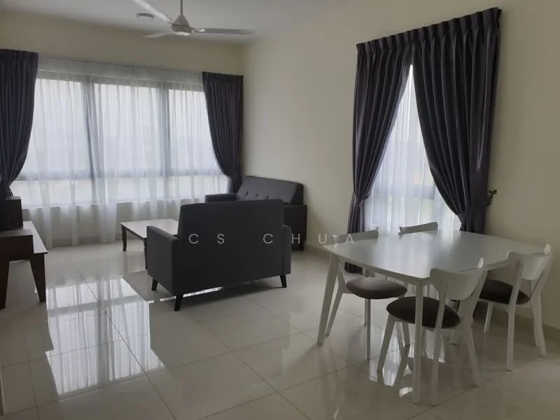 Living features: grey fabric sofa, 2-seater sofa, white dining table, 4 white dining chairs, floor-to-ceiling windows, sheer curtains, dark grey curtains, polished tile flooring, ceiling fan, wall-mounted TV console; style: modern; view: city.