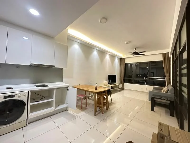 Living features: white painted walls, glossy white cabinetry, ceramic tile flooring, recessed downlights, 5-blade ceiling fan with light, sofa in grey, wood dining table, 4 dining chairs, TV console, floor-to-ceiling windows, curtains in brown, washing machine, built-in kitchen countertop, open layout; style: modern; view: city.