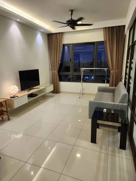 Living features: grey fabric sofa, wooden coffee table, wall-mounted TV, TV console with storage, large windows, sheer curtains, recessed downlights, ceiling fan with light, glossy tile flooring, decorative lamp, neutral painted walls; style: modern; view: city.