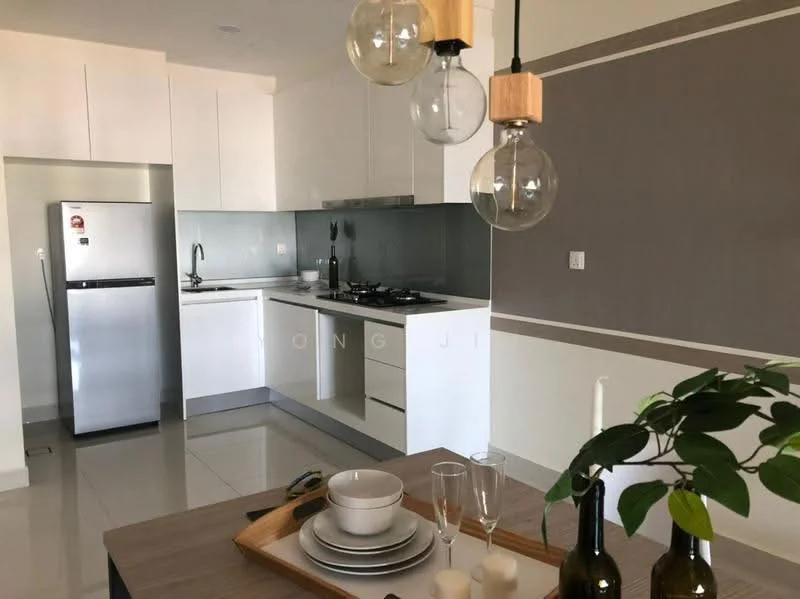 Kitchen features: white cabinetry, stainless-steel fridge, stainless-steel sink, chrome pull-down faucet, gas cooktop, built-in oven, grey backsplash, white countertop, pendant lighting, marble tile flooring, open shelving, dining table with tableware; style: modern.
