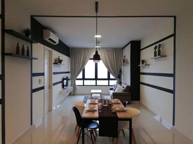 Living features: white painted walls with black stripes, glossy tile flooring, 5-blade ceiling fan with light, floor-to-ceiling windows, sheer curtains, sofa in grey, dining table with 4 chairs, decorative shelves on walls, wall-mounted air conditioning unit, decorative plants on shelves, dining table set with tableware; style: modern; view: city.