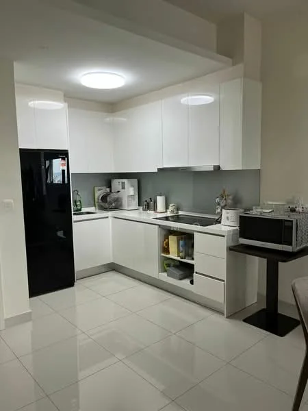 Kitchen features: white cabinetry, black refrigerator, built-in microwave, stainless-steel sink, chrome faucet, white countertop, grey backsplash, ceramic tile flooring, recessed ceiling lights, open shelving, kitchen island with storage, dishwasher; style: modern.