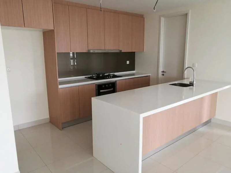 Kitchen features: white quartz countertop, wood cabinetry, stainless-steel sink, chrome pull-down faucet, built-in oven, 4-burner gas hob, glass backsplash, recessed downlights, tile flooring, open layout; style: modern.