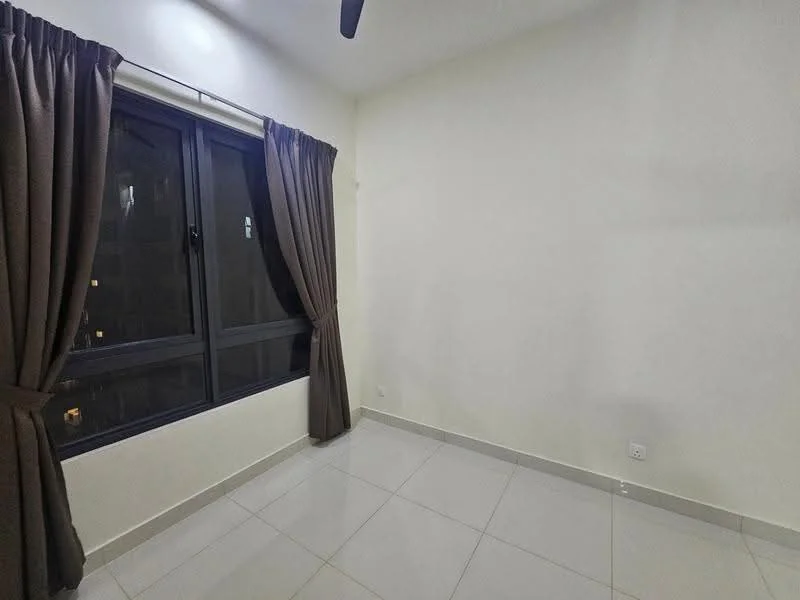 Room features: white painted walls, grey tiled flooring, floor-to-ceiling windows, dark brown curtains, ceiling fan; style: modern; view: city.