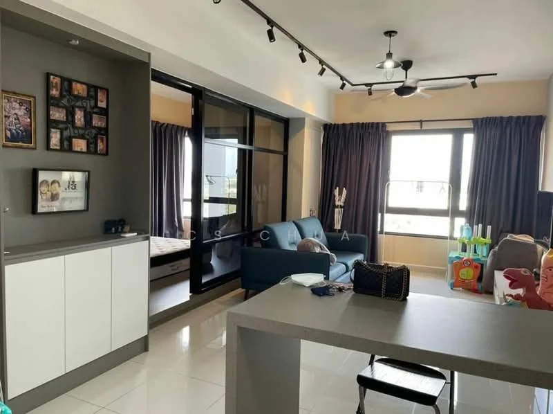Living features: grey fabric sofa, coffee table, TV console, wall-mounted TV, floor-to-ceiling windows, blackout curtains, recessed LED downlights, 5-blade ceiling fan, white painted walls, glossy tile flooring, decorative wall with photo frames, children's play area with colorful toys; style: modern; view: city. Kitchen features: grey countertop, white cabinetry, built-in cabinets, open shelving, stainless-steel sink, kitchen island with seating; style: modern.