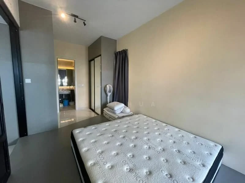 Bedroom features: queen-size bed, mattress, floor-to-ceiling windows, grey curtains, polished concrete flooring, wall-mounted fan, built-in wardrobe, neutral painted walls, recessed lighting; style: modern.