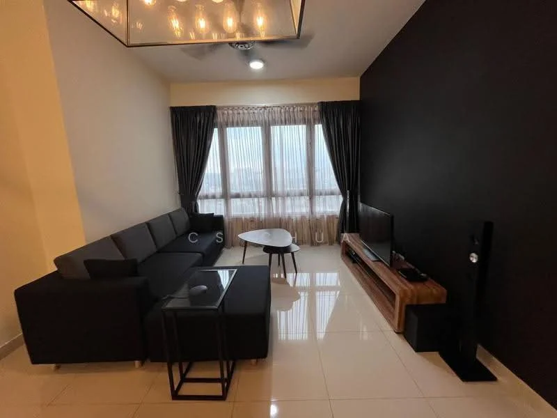 Living features: L-shape sectional sofa in black, glass coffee table, TV console in wood, wall-mounted TV, floor-to-ceiling windows, sheer curtains, black accent wall, cream painted walls, recessed downlights, polished tile flooring; style: modern; view: city.
