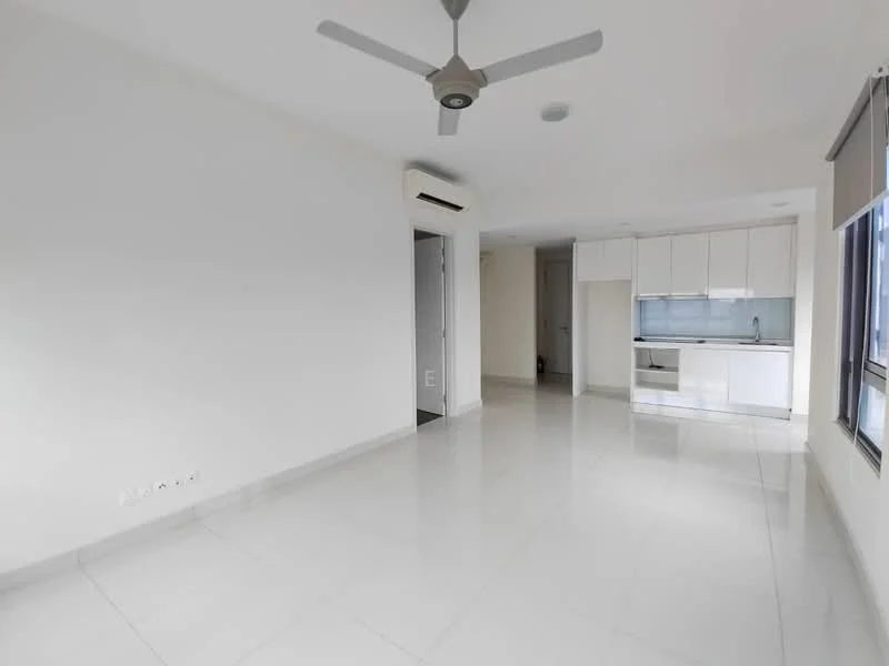 Living features: white painted walls, glossy white tile flooring, 5-blade ceiling fan with light, floor-to-ceiling windows, air conditioning unit, open layout to kitchen, natural light from windows, neutral color scheme; style: modern. Kitchen features: white cabinetry, stainless-steel sink, built-in oven, stainless-steel range hood, ceramic cooktop, glass backsplash, countertop with space for appliances, open layout to living area; style: modern.