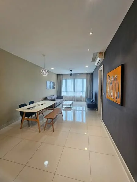 Living features: white painted walls, grey accent wall, glossy tile flooring, 5-blade ceiling fan with light, sofa in grey, coffee table, 6-seater dining table, upholstered dining chairs, decorative wall art, floor-to-ceiling windows with sheer curtains, recessed downlights; style: modern; view: city.