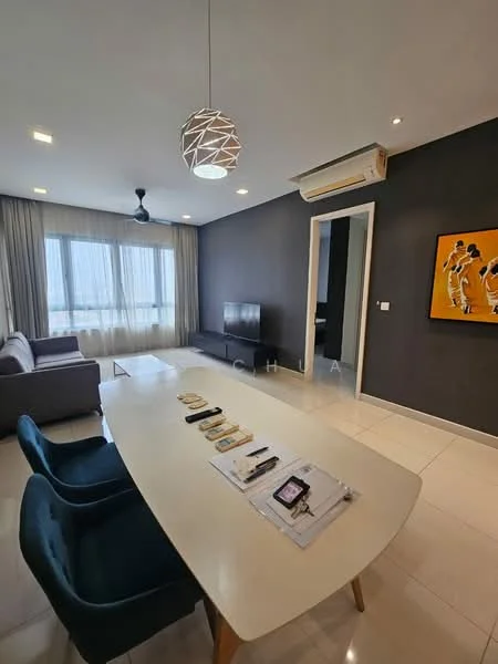 Living features: grey fabric sofa, 3-seater sofa, white dining table, 4 dining chairs, pendant light fixture, wall-mounted TV, floor-to-ceiling windows, sheer curtains, split air conditioning unit, dark accent wall, light-colored tile flooring, decorative artwork on wall, ceiling fan; style: modern; view: city.