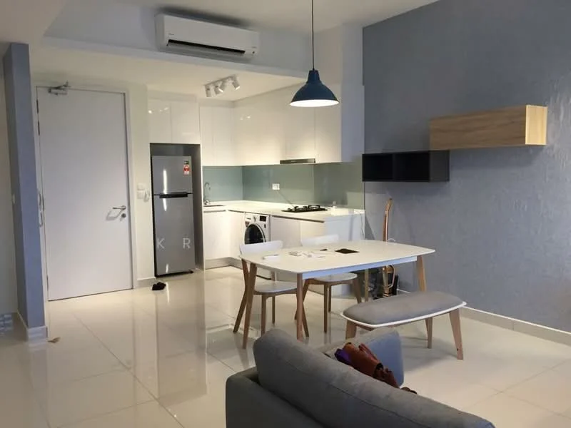 Living features: white painted walls, light blue accent wall, glossy tile flooring, 5-blade ceiling fan with light, recessed downlights, sofa in grey fabric, wooden dining table, 4 wooden dining chairs, stainless-steel fridge, built-in oven, gas hob, kitchen cabinets with white finish, open shelving unit, pendant light above dining table; style: modern.