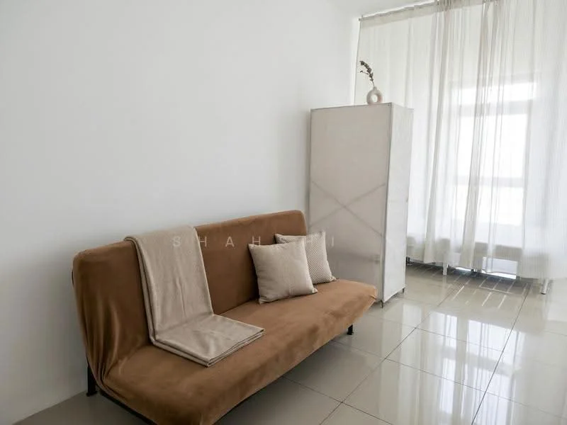 Living features: brown fabric sofa, two beige throw pillows, white painted walls, large window with sheer curtains, glossy tile flooring, minimalist decor, light-colored storage cabinet; style: minimalist.