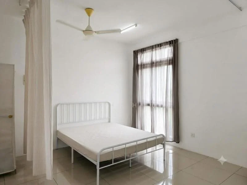Bedroom features: white painted walls, tile flooring, 5-blade ceiling fan, floor-to-ceiling window, sheer curtains, double bed frame, empty mattress, built-in wardrobe; style: minimalist.