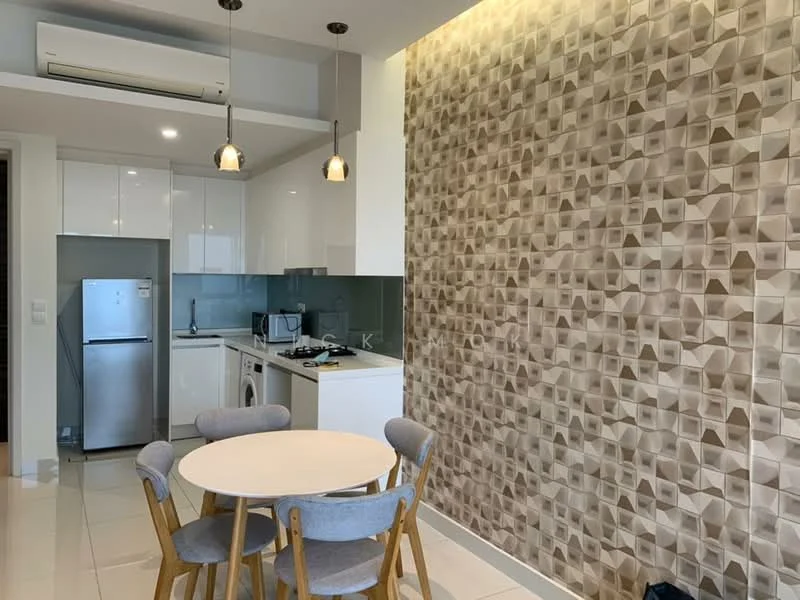 Kitchen features: white cabinetry, grey patterned backsplash, stainless-steel fridge, built-in oven, microwave, washing machine, single-bowl stainless-steel sink, chrome pull-down faucet, 4-burner gas hob, pendant lighting, round dining table, 4 wooden dining chairs, white tiled flooring, air conditioning unit; style: modern.