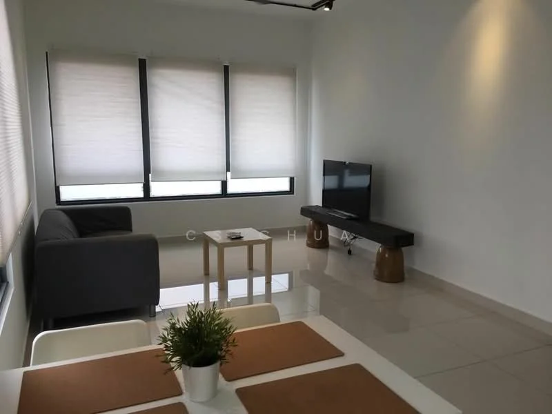 Living features: grey fabric sofa, wooden coffee table, wall-mounted TV, black TV console, large windows with roller blinds, glossy ceramic tile flooring, white painted walls, recessed ceiling lights; style: modern. Dining features: white dining table, four dining placemats, decorative plant in ceramic pot; style: modern.