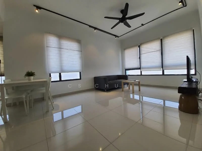 Living features: 3-seater fabric sofa in grey, white dining table with 4 chairs, floor-to-ceiling windows, roller blinds on windows, polished ceramic tile flooring, ceiling fan, wall-mounted TV, TV console, decorative plant on table, recessed lighting; style: modern.