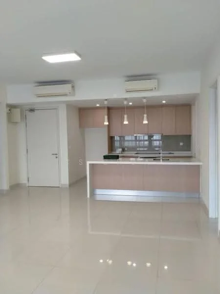Kitchen features: white painted walls, glossy beige cabinetry, marble countertop, stainless-steel sink, chrome pull-down faucet, 3-blade ceiling fan, recessed LED downlights, pendant lights over countertop, open layout, tile flooring, built-in appliances, glass backsplash; style: modern.