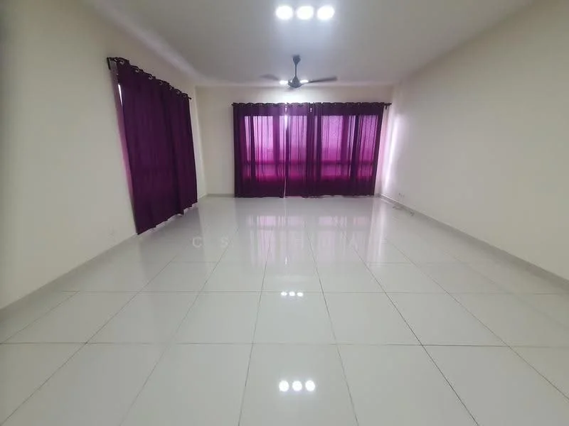 Living features: white painted walls, glossy white tile flooring, 5-blade ceiling fan with light, floor-to-ceiling windows, purple curtains, recessed downlights; style: modern.