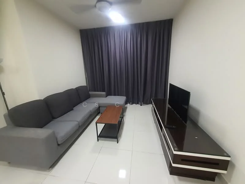 Living features: 3-seater fabric sofa in grey, wood coffee table, wall-mounted TV, freestanding TV cabinet, white tiled flooring, ceiling fan, dark grey curtains, neutral painted walls; style: modern.