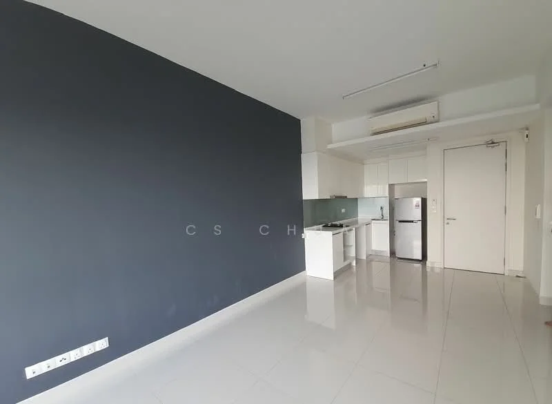 Living features: grey accent wall, white painted walls, glossy tile flooring, kitchenette with white cabinetry, stainless-steel fridge, built-in oven, countertop with backsplash, single-bowl stainless-steel sink, chrome pull-down faucet, air conditioning unit, door leading to hallway; style: modern.
