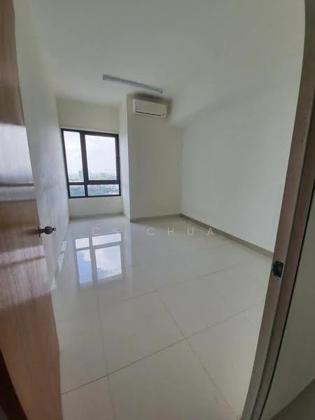 Room features: white painted walls, glossy tile flooring, floor-to-ceiling window, wall-mounted split AC, single light fixture, neutral color scheme, no visible furniture, city view from window; style: modern; view: city.