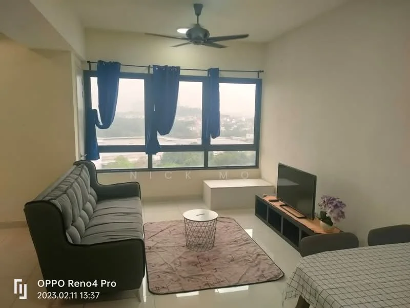 Living features: 3-seater fabric sofa in grey, coffee table, TV console, wall-mounted TV, area rug, floor-to-ceiling windows, curtains in blue, ceiling fan, light-colored walls, tile flooring; style: modern; view: city.