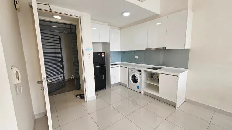 Kitchen features: white cabinetry, stainless-steel fridge, built-in oven, ceramic cooktop, stainless-steel sink, chrome pull-down faucet, grey backsplash, washer-dryer combo, tile flooring, recessed downlights, open shelving; style: modern.