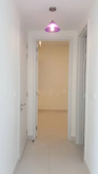 Hallway features: white painted walls, tile flooring, recessed ceiling light, purple pendant light, two doorways, neutral color scheme; style: modern.