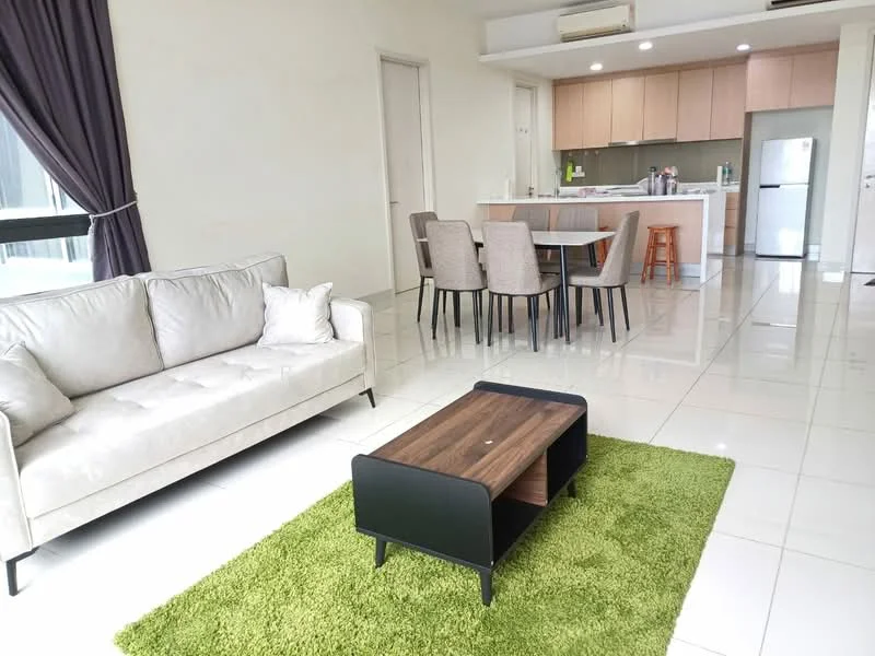 Living features: 3-seater fabric sofa in light grey, coffee table with wooden top and black legs, area rug in green, floor-to-ceiling windows, white painted walls, glossy ceramic tile flooring, recessed downlights, curtains in dark purple; style: modern. Dining features: 6-seater dining table, upholstered dining chairs, wooden bar stool, kitchen countertop with bar seating, white cabinetry, stainless-steel fridge, built-in oven, microwave, kitchen island; style: modern.