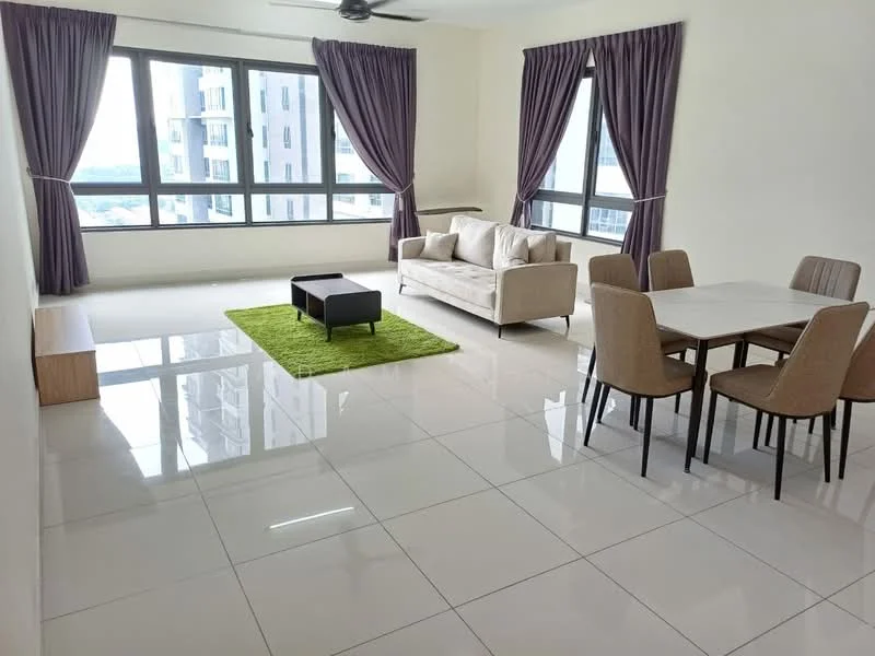 Living features: white painted walls, glossy ceramic tile flooring, 5-blade ceiling fan, floor-to-ceiling windows, sheer curtains, dark grey fabric sofa, coffee table in black, 6-seater dining table, upholstered dining chairs, green area rug; style: modern; view: city.