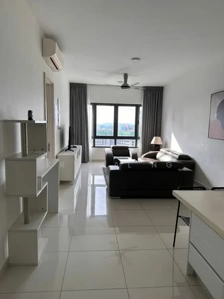 Living features: white painted walls, glossy ceramic tile flooring, 5-blade ceiling fan with light, floor-to-ceiling windows, grey curtains, black leather sofa, coffee table, TV console, wall-mounted TV, decorative artwork, area rug, side table with lamp; style: modern; view: city.