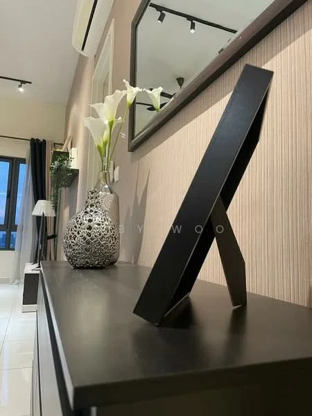 Room features: black console table, decorative vase with flowers, wall-mounted mirror, light-colored wall with vertical stripes, recessed lighting, floor-to-ceiling window, curtains, white tile flooring, air conditioning unit; style: modern.